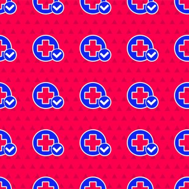 Mavi Haç Hastanesi tıbbi ikonu kırmızı arka planda izole edilmiş pürüzsüz desen. İlk yardım. Teşhis sembolü. İlaç ve eczane işareti. Vektör İllüstrasyonu