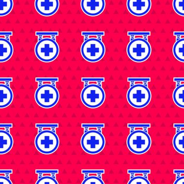 Mavi Hastane tabela simgesi kırmızı arkaplanda izole edilmiş pürüzsüz desen. Vektör İllüstrasyonu