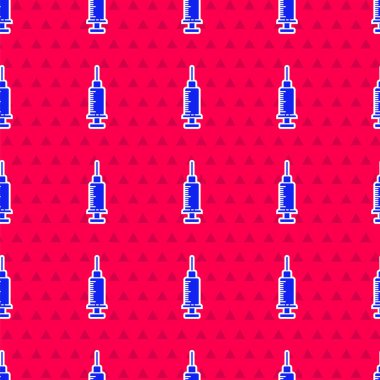 Mavi Şırınga ikonu kırmızı arkaplanda izole edilmiş kusursuz desen. Aşı için şırınga, aşı, iğne, grip aşısı. Tıbbi ekipman. Vektör İllüstrasyonu