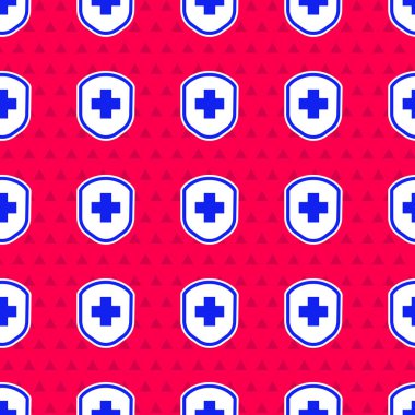 Kırmızı arka planda çapraz ikon izole edilmiş mavi tıbbi kalkan. Koruma, güvenlik, şifre güvenliği. Vektör İllüstrasyonu