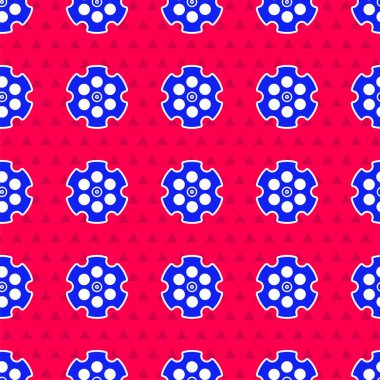 Mavi Revolver silindir simgesi kırmızı arkaplanda izole edilmiş. Vektör İllüstrasyonu