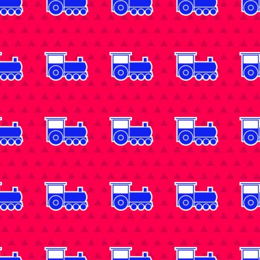 Mavi Retro tren simgesi kırmızı arkaplanda izole edilmiş. Toplu taşıma sembolü. Vektör İllüstrasyonu