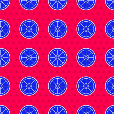 Mavi eski ahşap tekerlek ikonu kırmızı arka planda izole edilmiş pürüzsüz desen. Vektör İllüstrasyonu