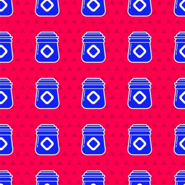 Kırmızı arkaplanda mavi kavanoz bal ikonu izole edilmiş. Yiyecek bankası. Tatlı doğal gıda sembolü. Vektör İllüstrasyonu