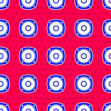 Mavi Stereo hoparlör simgesi kırmızı arkaplanda izole edilmiş. Ses sistemi hoparlörleri. Müzik ikonu. Müzikal sütun hoparlörü. Vektör İllüstrasyonu