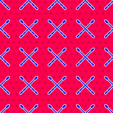 Mavi Davul çubukları simgesi, kırmızı arkaplanda izole edilmiş, pürüzsüz desen. Müzik aleti. Vektör İllüstrasyonu