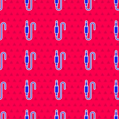 Mavi Ses Jack simgesi kırmızı arkaplanda izole edilmiş. Bağlantı ses ekipmanları için ses kablosu. Fiş kablosu. Müzik aleti. Vektör İllüstrasyonu