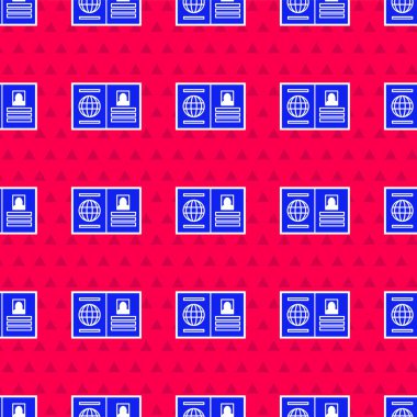 Biyometrik veri simgesine sahip mavi pasaport kırmızı arka planda izole edilmiş. Kimlik Belgesi. Vektör İllüstrasyonu