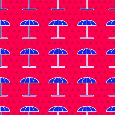 Plaj ikonu için mavi güneş koruyucu şemsiye kırmızı zeminde izole edilmiş pürüzsüz desen. Açık alan için büyük bir şemsiye. Plaj şemsiyesi Vektör İllüstrasyonu