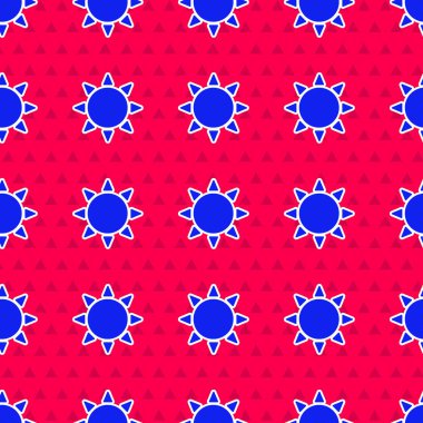 Mavi Güneş simgesi kırmızı arkaplanda izole edilmiş. Yaz sembolü. Güneşli bir gün. Vektör İllüstrasyonu