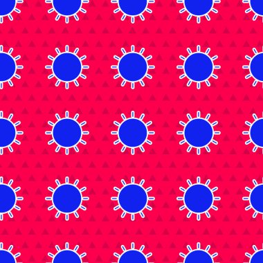 Mavi Güneş simgesi kırmızı arkaplanda izole edilmiş. Yaz sembolü. Güneşli bir gün. Vektör İllüstrasyonu