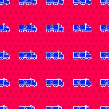 Mavi Tanker ikonu kırmızı arka planda izole edilmiş. Petrol tankeri, petrol kamyonu, sarnıç, petrol karavanı. Vektör İllüstrasyonu