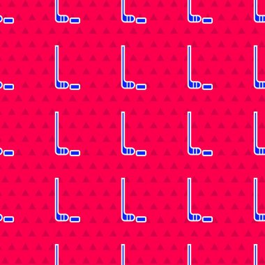 Mavi buz hokeyi sopası ve disk ikonu kırmızı arka planda izole edilmiş pürüzsüz desen. Vektör İllüstrasyonu