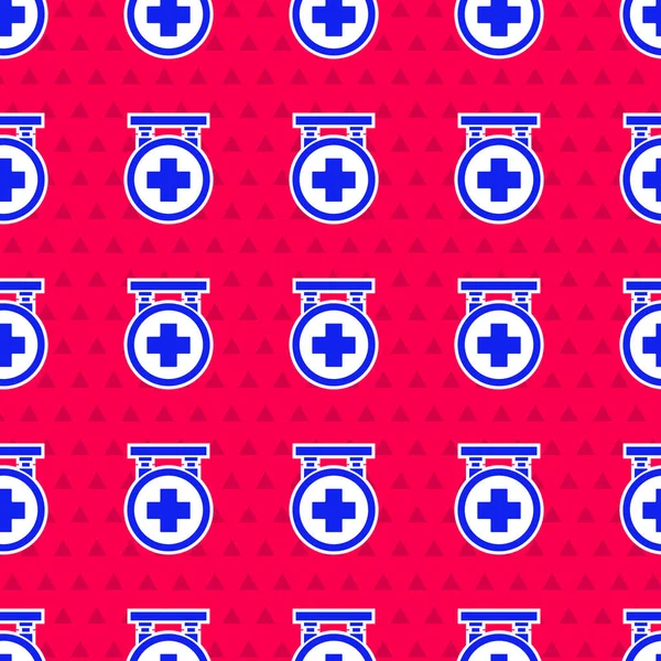 Mavi Hastane tabela simgesi kırmızı arkaplanda izole edilmiş pürüzsüz desen. Vektör İllüstrasyonu