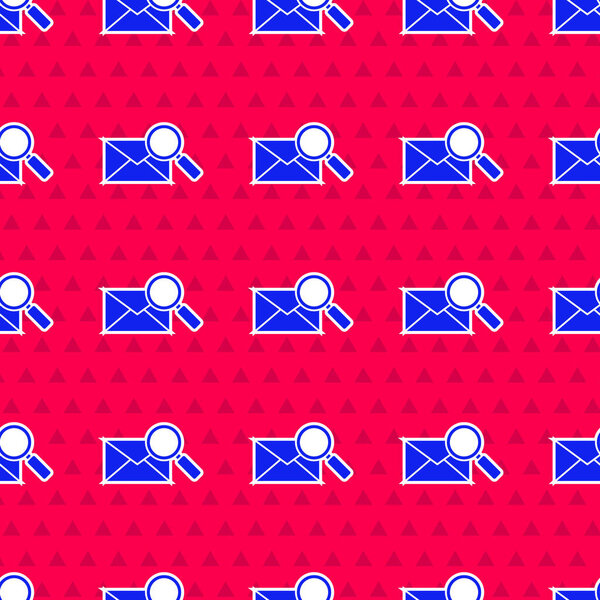 Blue Envelope mail with magnifying glass icon isolated seamless pattern on red background. Vector Illustration