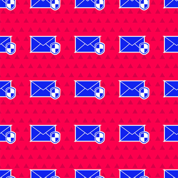 Blue Envelope with shield icon isolated seamless pattern on red background. Insurance concept. Security, safety, protection, protect concept. Vector Illustration
