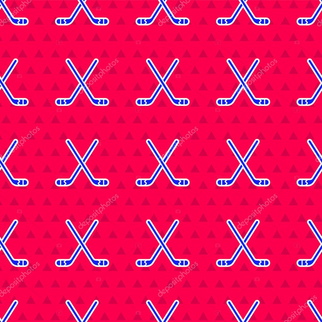 Blue Ice hockey sticks icon isolated seamless pattern on red background. Vector Illustration