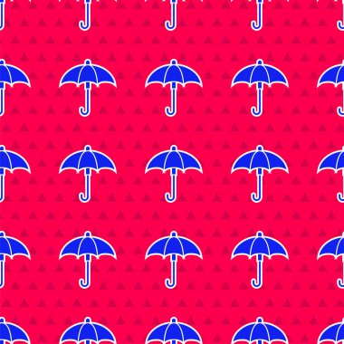 Mavi, klasik, şık, açık şemsiye simgesi kırmızı arkaplanda izole edilmiş, pürüzsüz desen. Yağmur koruma sembolü. Vektör İllüstrasyonu