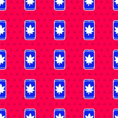 Cep telefonu ekranındaki mavi yaprak kırmızı arkaplanda izole edilmiş pürüzsüz desen. Vektör İllüstrasyonu