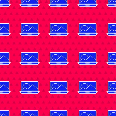 Kırmızı arkaplanda mavi dizüstü bilgisayar simgesi izole edildi. Boş ekran işaretli bilgisayar defteri. Vektör İllüstrasyonu