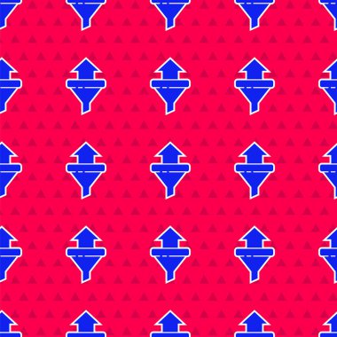 Mavi Satış hunisi, pazarlama ve yeni başlayan iş simgesi için oklarla kırmızı arka planda izole edilmiş pürüzsüz desen. Bilgi şablonu. Vektör İllüstrasyonu