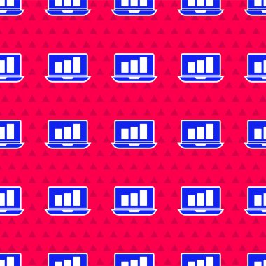 Grafik çizelgesi simgesine sahip mavi dizüstü bilgisayar kırmızı arkaplanda izole edilmiş. Metin dosya simgesini rapor et. Muhasebe tabelası. Denetim, analiz, planlama. Vektör İllüstrasyonu