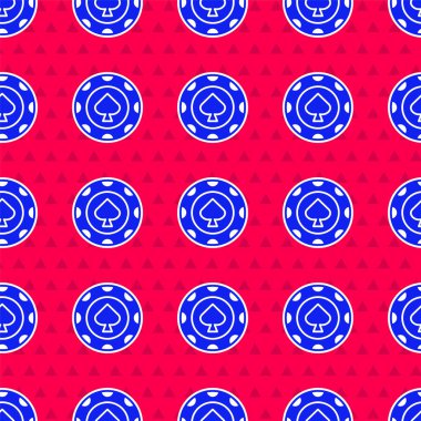 Mavi Kumarhane çipleri simgesi kırmızı arka planda izole edilmiş. Kumarhane kumarı. Vektör İllüstrasyonu