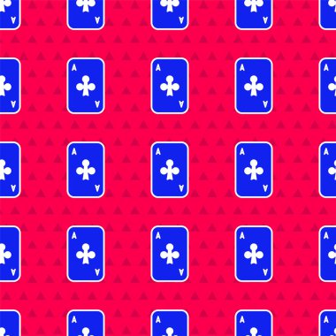 Üzerinde kulüp sembolü olan mavi iskambil kartı kırmızı arkaplanda izole edilmiş pürüzsüz desen. Kumarhane kumarı. Vektör İllüstrasyonu