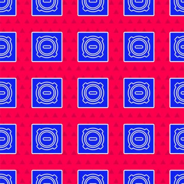 Mavi Kanalizasyon Kanalizasyon kapağı simgesi kırmızı arkaplanda izole edilmiş. Vektör İllüstrasyonu