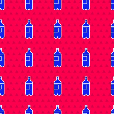 Mavi su ikonu şişesi kırmızı arkaplanda izole edilmiş pürüzsüz desen. Soda su içme tabelası. Vektör İllüstrasyonu
