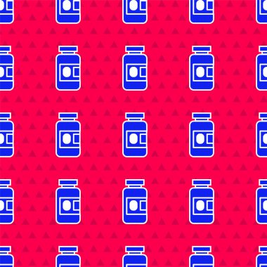 Mavi ilaç şişesi ve ilaç ikonu kırmızı arka planda izole edilmiş kusursuz desen. Şişe hapı işareti. Eczane tasarımı. Vektör İllüstrasyonu