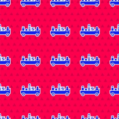 Mavi Havaalanı bagaj çekici kamyon ikonu kırmızı arka planda izole edilmiş pürüzsüz desen. Havaalanı bagaj teslimat vagonu. Vektör İllüstrasyonu