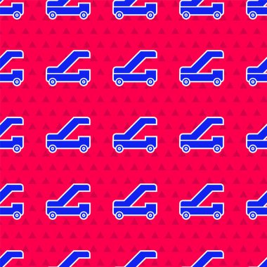 Uçağa binen ikon için mavi basamaklı merdiven kırmızı arka planda izole edilmiş pürüzsüz desen. Havaalanı merdiveni yolculuğu. Vektör İllüstrasyonu