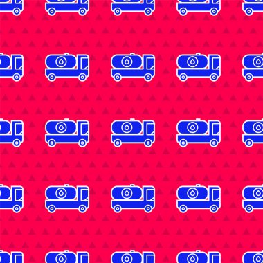 Mavi yakıt tankeri ikonu kırmızı arka planda izole edilmiş. Benzin tankeri. Vektör İllüstrasyonu