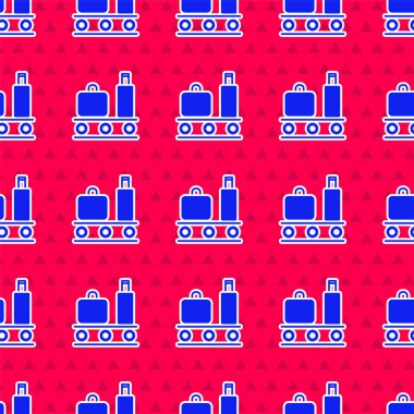 Mavi Havalimanı taşıma bandı, bavul, çanta, bagaj ikonu kırmızı arka planda izole edilmiş pürüzsüz şablon. Vektör İllüstrasyonu