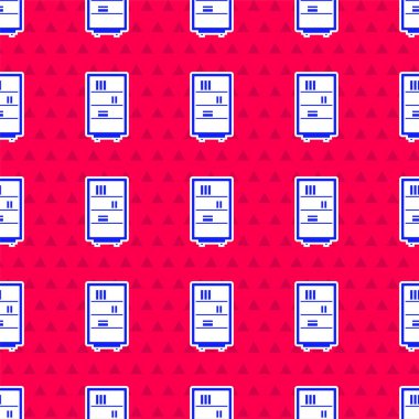 Mavi Kütüphane kitaplığı simgesi kırmızı arkaplanda izole edilmiş pürüzsüz desen. Vektör İllüstrasyonu