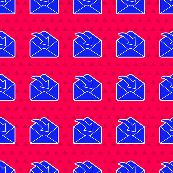 Blue Envelope icon isolated seamless pattern on red background. Received message concept. New, email incoming message, sms. Mail delivery service. Vector Illustration