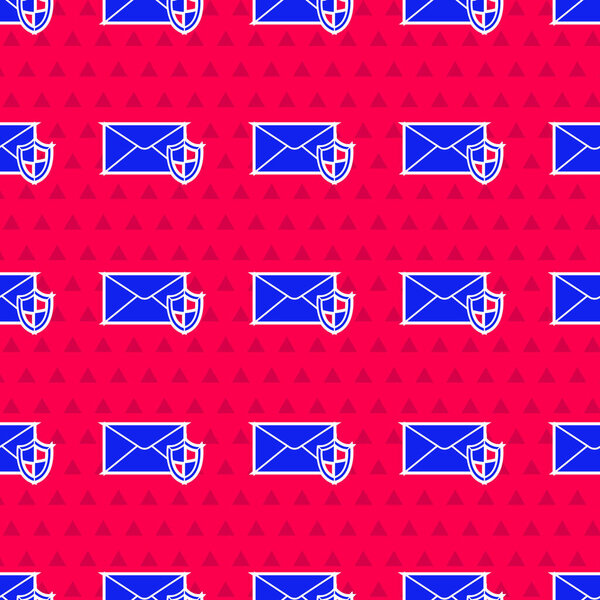 Blue Envelope with shield icon isolated seamless pattern on red background. Insurance concept. Security, safety, protection, protect concept. Vector Illustration