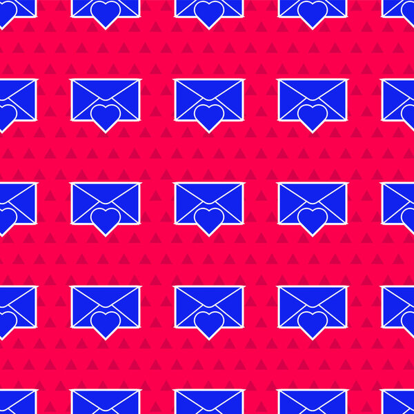Blue Envelope with Valentine heart icon isolated seamless pattern on red background. Message love. Letter love and romance. Vector Illustration