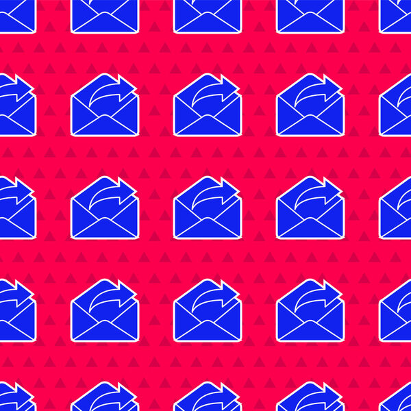 Blue Outgoing mail icon isolated seamless pattern on red background. Envelope symbol. Outgoing message sign. Mail navigation button. Vector Illustration