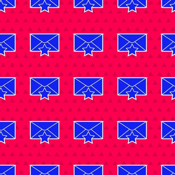 Blauer Umschlag mit Sternsymbol isoliert nahtloses Muster auf rotem Hintergrund. Wichtige E-Mail, fügen Sie dem Favoriten-Symbol hinzu. Starke Nachricht. Vektorillustration — Stockvektor