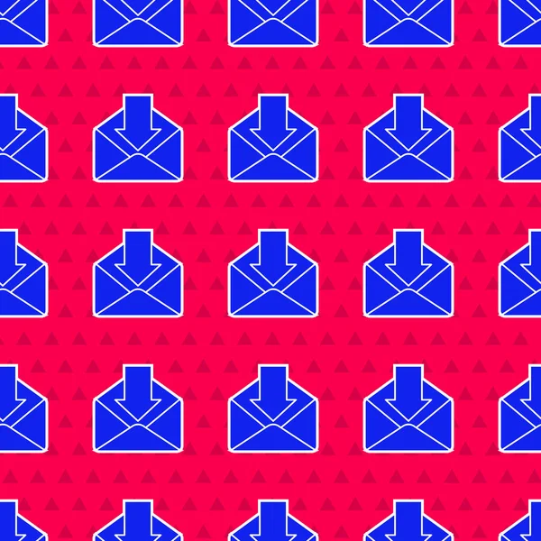 Blaues Umschlagsymbol isoliert nahtloses Muster auf rotem Hintergrund. Konzept der empfangenen Botschaft. Neu, eingehende E-Mails, SMS. Postzustelldienst. Vektorillustration — Stockvektor