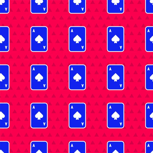 Blue Playing card with spades symbol icon isolated seamless pattern on red background. Casino gambling. Vector Illustration — Stock Vector