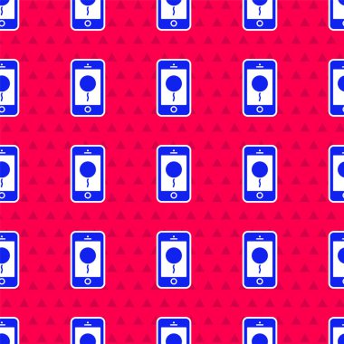 Doğum günü mesajı simgesine sahip mavi cep telefonu kırmızı arka planda izole edilmiş. Vektör İllüstrasyonu