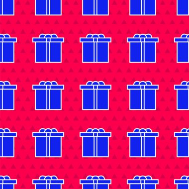 Kırmızı arkaplanda mavi hediye kutusu simgesi izole edildi. Doğum günün kutlu olsun. Vektör İllüstrasyonu