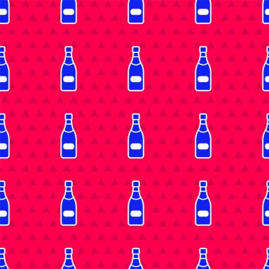 Mavi Şampanya Şişesi ikonu kırmızı arka planda izole edilmiş pürüzsüz desen. Vektör İllüstrasyonu