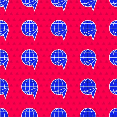 Uçan uçak ikonuna sahip Mavi Küre kırmızı arka planda izole edilmiş pürüzsüz desen. Uçak Dünya 'nın etrafında uçuyor. Uçak dünyası ikonu. Vektör İllüstrasyonu