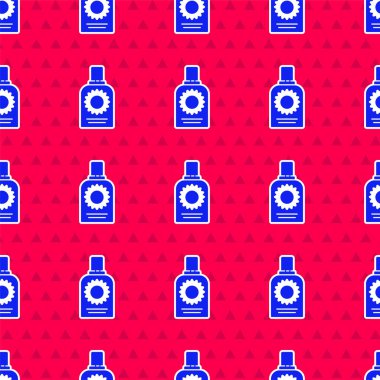 Kırmızı arka planda mavi güneş kremi ikonu izole edilmiş, pürüzsüz desen. Cilt için güneş ultraviyole ışığından koruma. Vektör İllüstrasyonu