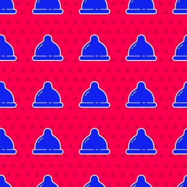 Mavi prezervatif güvenli seks ikonu kırmızı arka planda izole edilmiş kusursuz desen. Güvenli aşk sembolü. Erkekler için doğum kontrol yöntemi. Vektör İllüstrasyonu