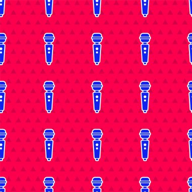 Blue Dildo vibrator for sex games icon isolated seamless pattern on red background. Sex toy for adult. Vaginal exercise machines for intimate. Vector Illustration
